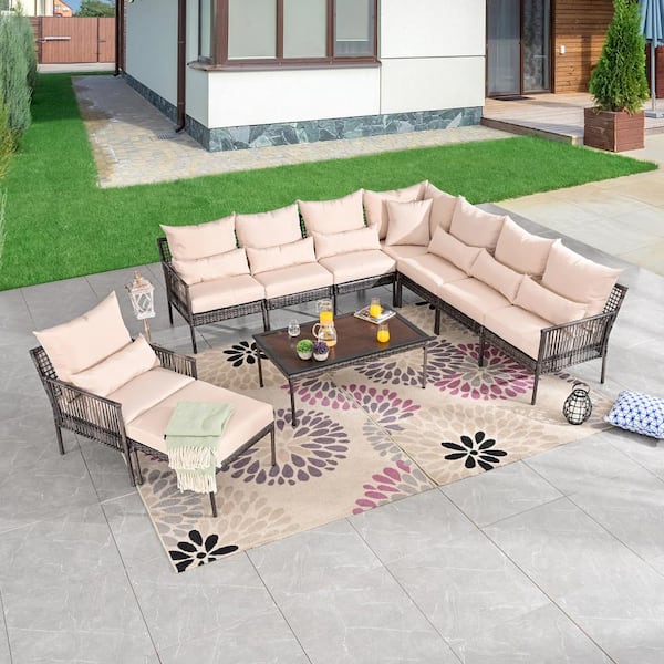 Patio Festival 10-Piece Wicker Outdoor Conversation Set with Beige Cushions
