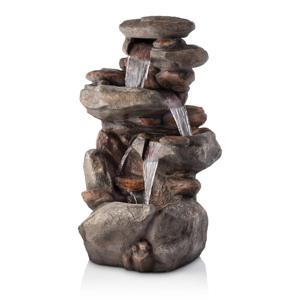 40 in. Tall 4-Tier Outdoor Rock Fountain with LED Lights in Gray Stone Look
