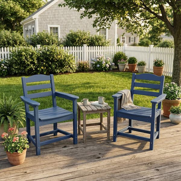 Modern HDPE Outdoor Dining Chair Set of 2 in Navy Blue, UV-Resistant Patio Chairs with Armrests for Backyard and Garden
