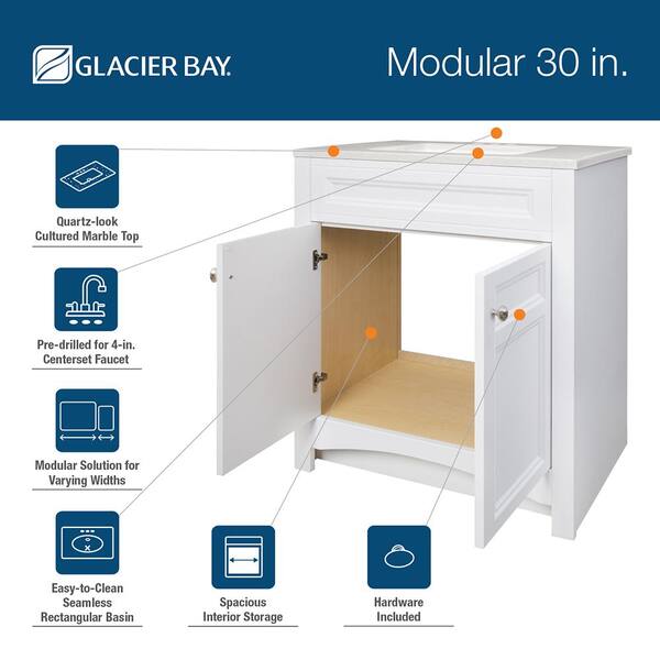 Modular 30-1/2 in. W Bath Vanity in White with Solid Surface Technology Vanity Top in Silver Fox with White Basin