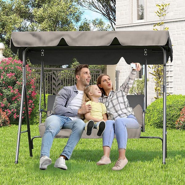 OUTGOODS 3-Seat Gray Steel Metal Patio Swing with Textilene Fabric