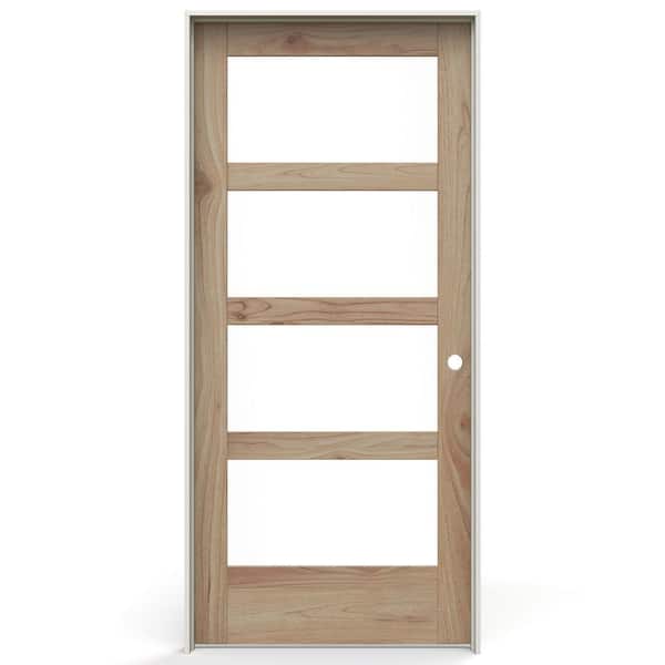 JELD-WEN 36 in. x 80 in. Left-Handed 4 Lite Clear Glass Unfinished Solid Core Wood Single Prehung Interior Door with Black Hinges