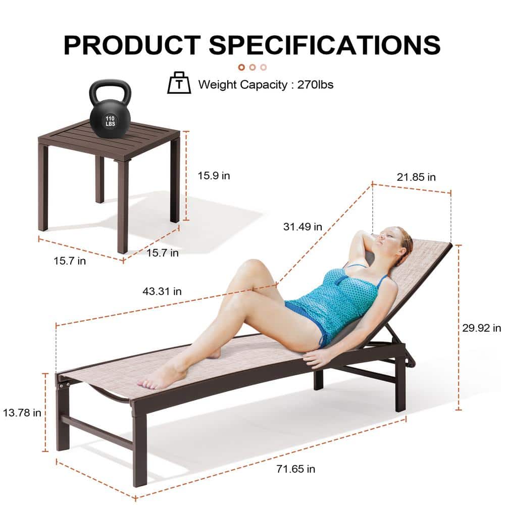 Beige Aluminum Outdoor Chaise Lounge Chairs with Table Set