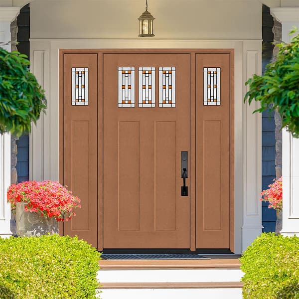 Regency 68 in. x 80 in. 3Lite Amberton Deco Glass LHIS AutumnWheat Stain Fir Fiberglass Prehung Front Door w/Dbl 14in.SL