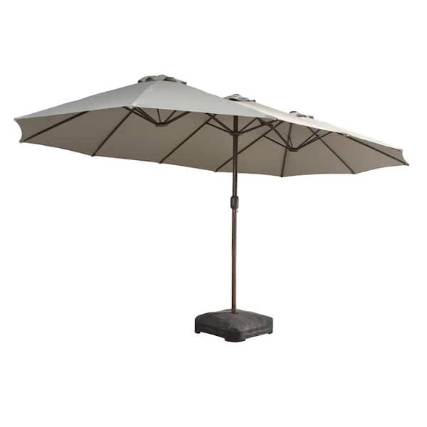 15 ft. × 9 ft. Rectangular Metal Double-sided Market Patio Umbrella with Base and Crank in Light Gray