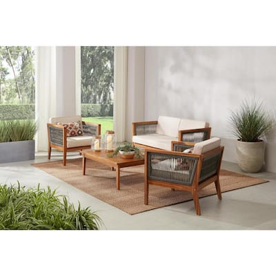 Willow Glen Farmhouse 4-Piece Wood Patio Conversation Set with Teak Finish and Beige Cushions