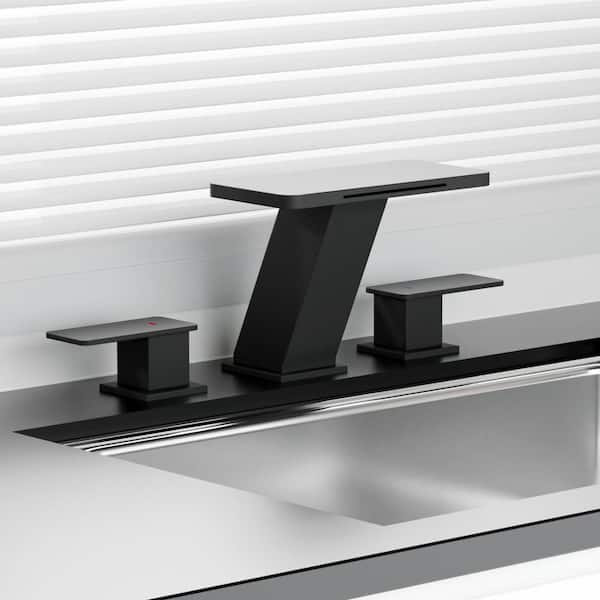 Elite Waterfall 8 in. Widespread Double-Handle Bathroom Faucet 3-Hole Bath Sink Faucet with Pop-Up Drain in Matte Black