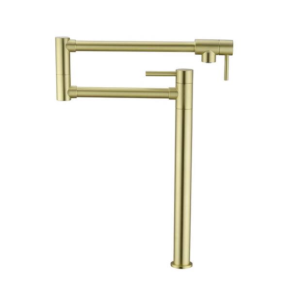 Unbranded Deck Mount Pot Filler Faucet, Folding Kitchen Faucet with Stretchable Double Joint Swing Arms in Brass Brushed Gold