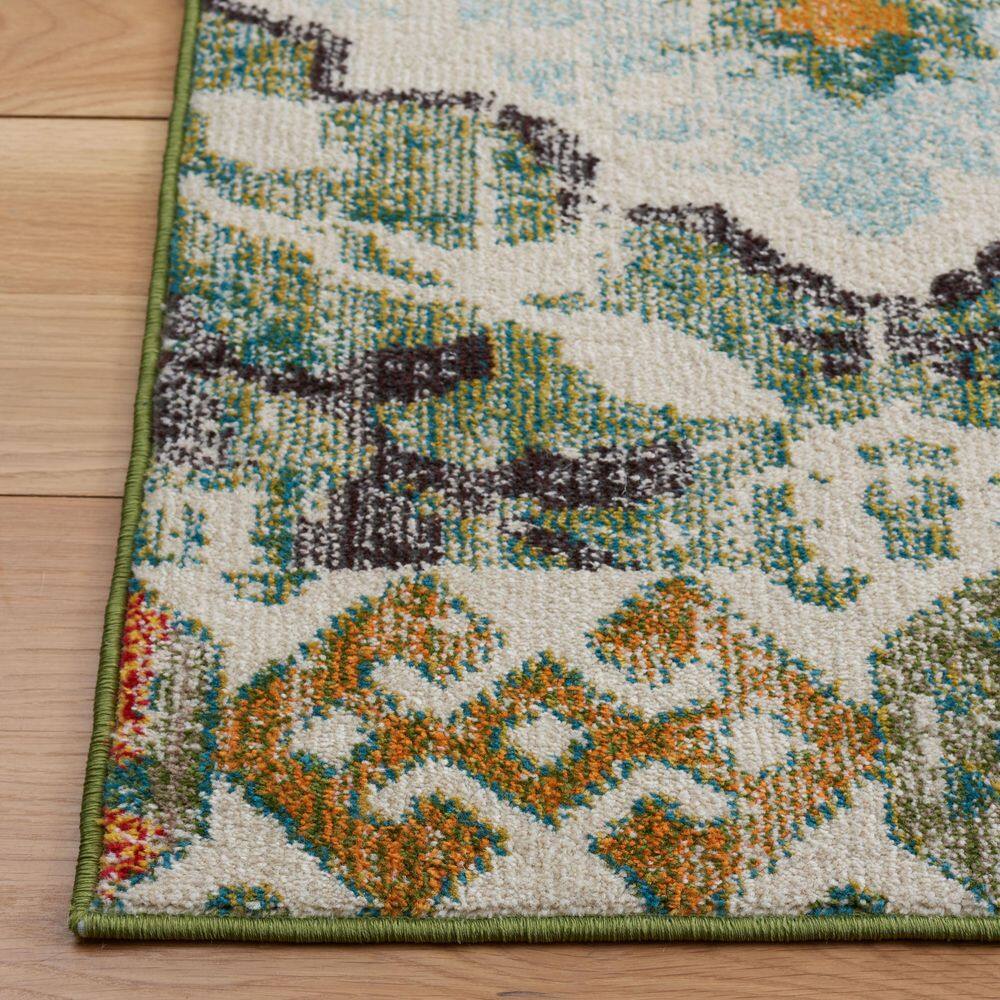Ivory and Green Geometric Synthetic 8' x 10' Area Rug