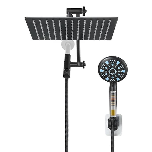 Rainfall 9-Spray Wall Mount Dual Shower Head and Handheld Shower Head with Filter 2.5 GPM in Black
