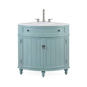 Thomasville 24 in. W x 24 in D. x 34.5 in. H Corner Bath Vanity in light blue with White Marble Top and porcelain Sink