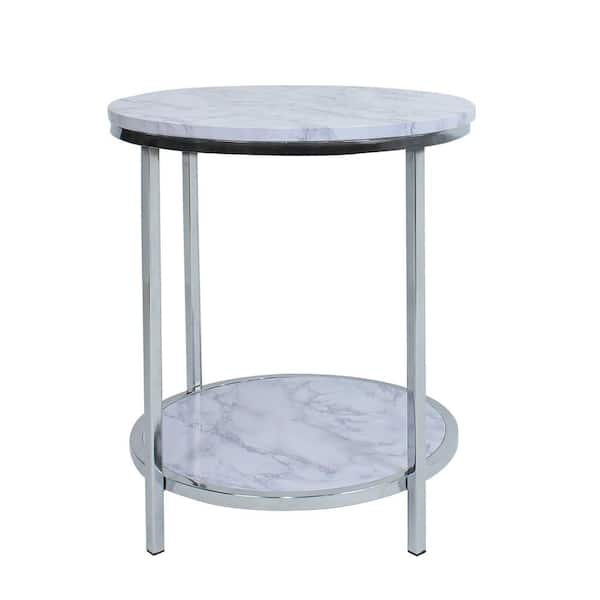 CIPACHO 17.7 in. Silver Frame and Faux Marble Round MDF 2-Tier End Table with Steel Frame