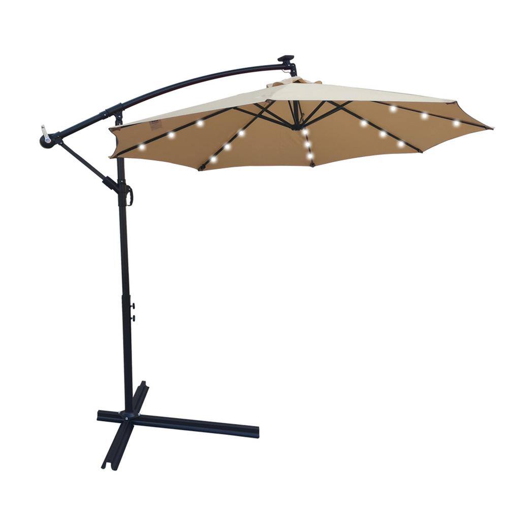 10ft Tan Solar LED Steel Outdoor Patio Cantilever Umbrella With Crank