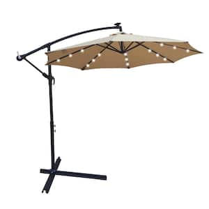 10ft Tan Solar LED Steel Outdoor Patio Cantilever Umbrella With Crank And Cross Base