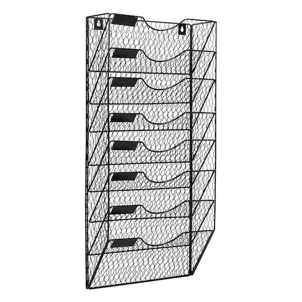 Wall Mounted File Organizer, 8 Tier Wire Mesh Document Holder with Label Slots, Vertical Storage Rack for Office, Black