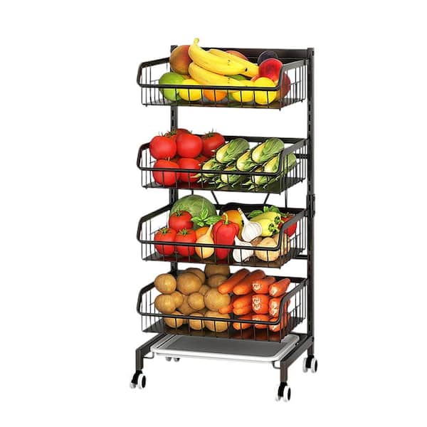 Unbranded 4-Shelf Snack Kitchen Cart with Wheels, Adjustable Metal Wire and Basket Rack in Black