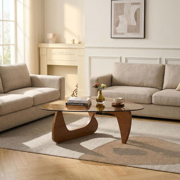 43.3 in. Brown Triangle Glass Coffee Table with Brown Legs for Living Room, Bedroom