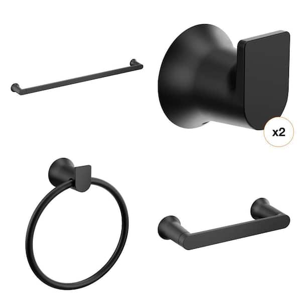 Genta Matte Black Bath Hardware Set: Robe Hook, Towel Ring, Toilet Paper Holder, 24 in. Towel Bar (5 Piece)