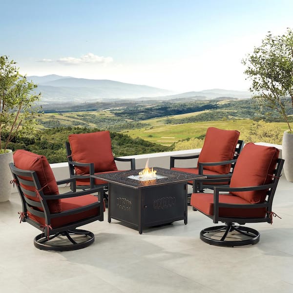 Oakland Living Black 6-Piece Aluminum Patio Fire Pit with 4-Club Chairs Red Cushions