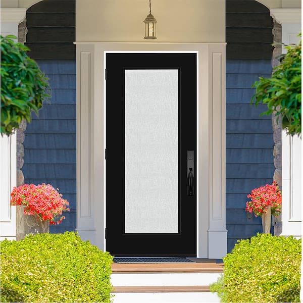 Legacy 36 in. x 80 in. Full Lite Rain Glass RHOS Primed Black Finish Fiberglass Prehung Front Door