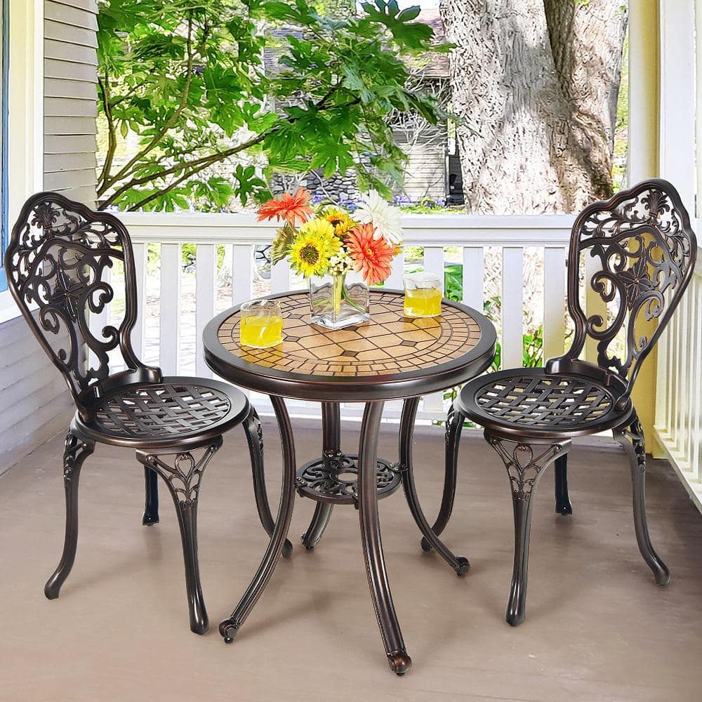 Costway  3-Pieces Metal Round Table Chairs Outdoor Bistro Set All-Weather Cast Aluminum Yard - 2