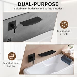 Single Handle Wall Mount Bath Spout Waterfall Tub Black Faucet Bathtub Filler Storage shelf in Matte Black