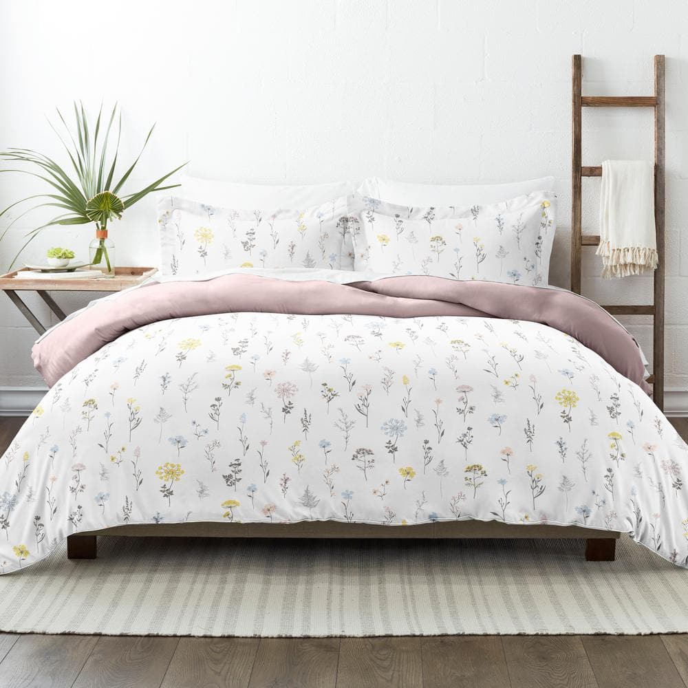 Pink Wild Flower Reversible Full/Queen Microfiber 3-Piece Duvet Cover Set