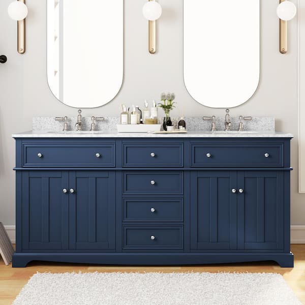 Home Decorators Collection Fremont 72 in. Double Sink Freestanding Navy Blue Bath Vanity with Grey Granite Top (Assembled)