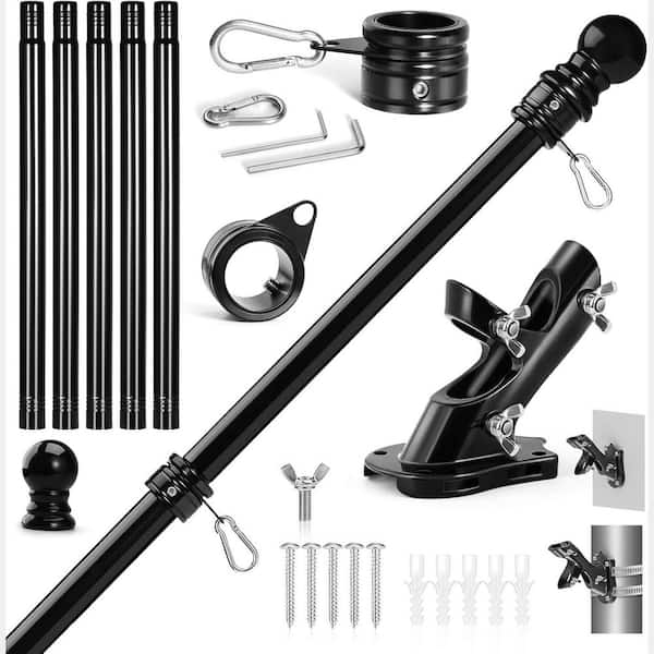 6 ft. Black Stainless Steel Flag Poles with Metal Rotating Flag Pole Rings Clips, Holder Brackets Mounting Flag Pole Kit