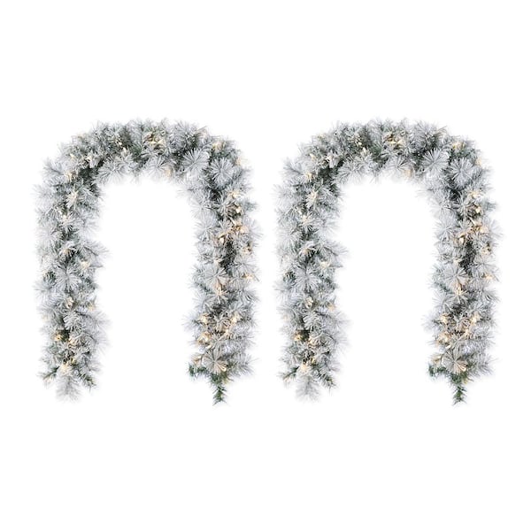 6 ft. Prelit Snow Flocked Greenery Pine Christmas Garland with 50 Warm White/Multi-color Lights and Timer (Set of 2)
