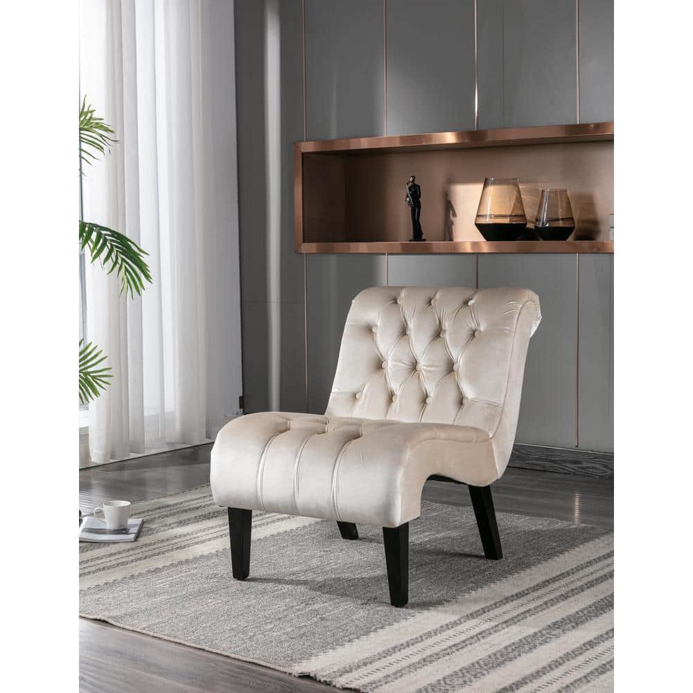 Beige Velvet Accent Chair Tufted Button Living Room Sofa Chair Ergonomic Chair Polyester Upholstery Wood Leg Bedroom