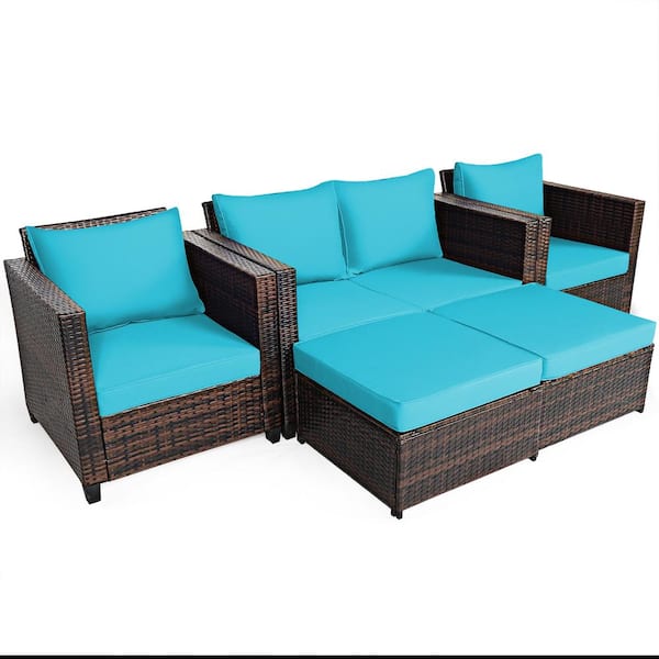 Costway Brown 5-Piece Plastic Wicker Metal Outdoor Chaise Lounge with Turquoise Cushions