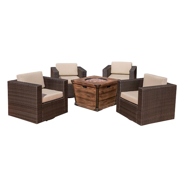 Maaroaro Dark Brown 5-Piece Faux Rattan Patio Fire Pit Conversation Set with Beige Cushions