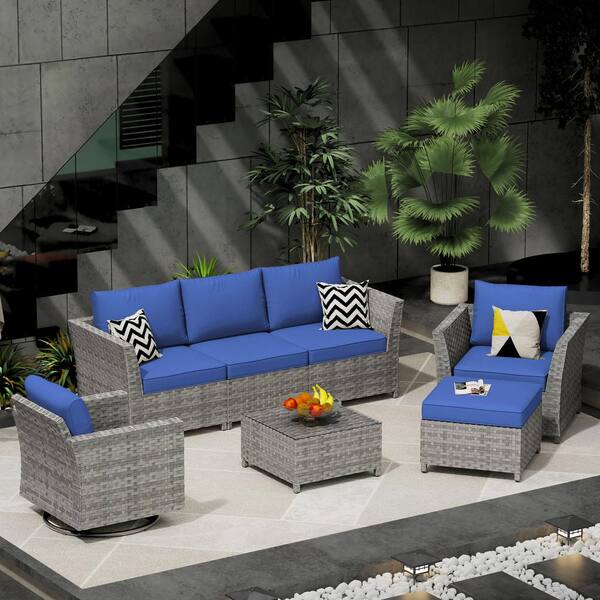 OVIOS Bexley Gray 7-Piece Wicker Patio Conversation Seating Set with ...