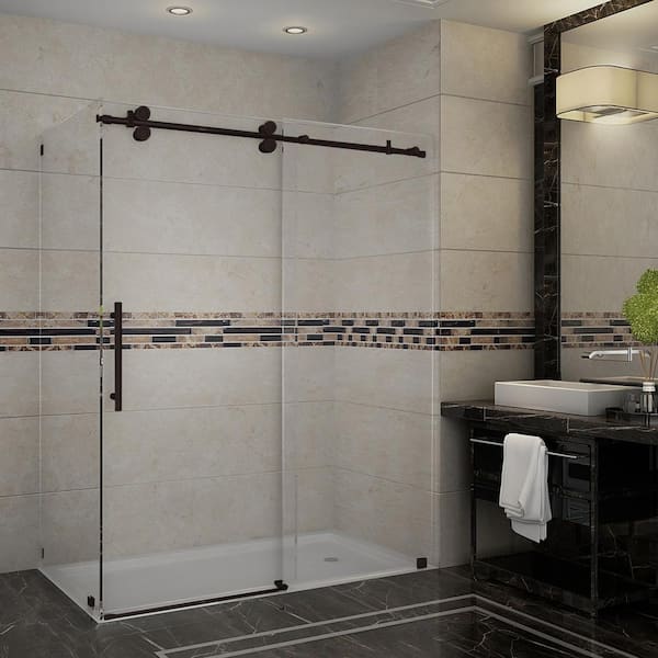 Aston Langham 56 in. - 60 in. x 33.8125 in. x 75 in. Frameless Corner Sliding Shower Door in Bronze