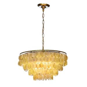 19.7 in. 4-Light Antique Gold Coastal Capiz Farmhouse Tiered Chandelier with Seashell Accents