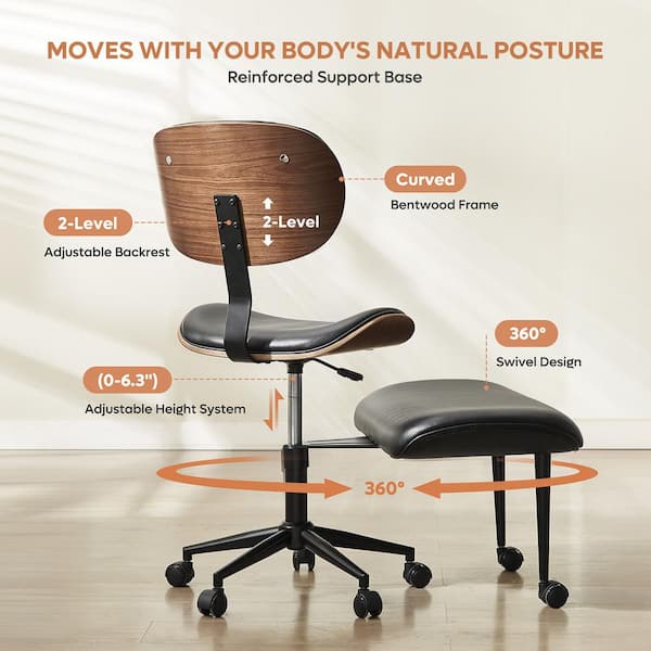 Cross Legged Office Chair with Wheels, PU leather Armless Meditation Chair, Adjustable Height Yoga Office Chair,Black