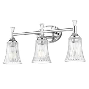 22 in. Modern 3-Light Chrome Finish Vanity Lighting Fixtures with Bell Shaped Fluted Glass