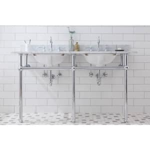 Embassy 60 in. Double Sink Carrara White Marble Countertop Washstand in Chrome with P-Trap and Faucet
