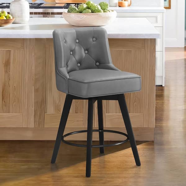 cozyman Roman 26.5 in. Dark Gray Faux Leather Solid Wood Leg Counter Height Swivel Bar Stool With Back（Set of 1）