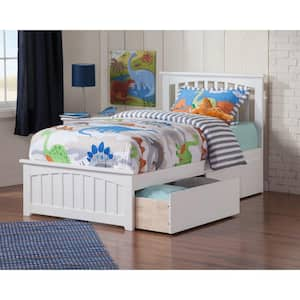 Mission White Twin Solid Wood Storage Platform Bed with Matching Foot Board with 2 Bed Drawers