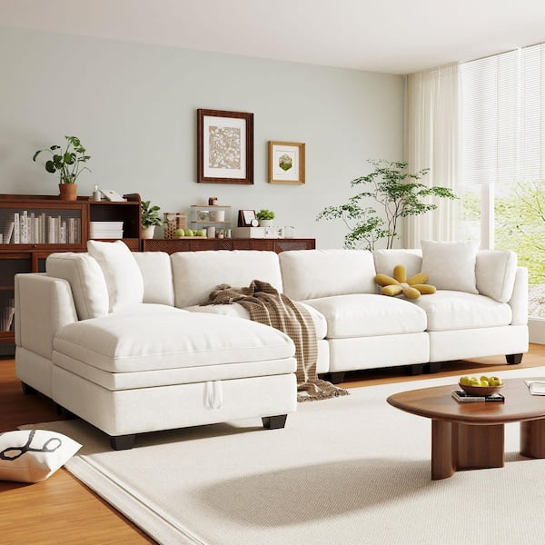 127.6 in. Modular L-Shaped Polyester 5-Seat Sectional Sofa in. Beige with Storage Ottoman, 2 Hidden Cup Holders