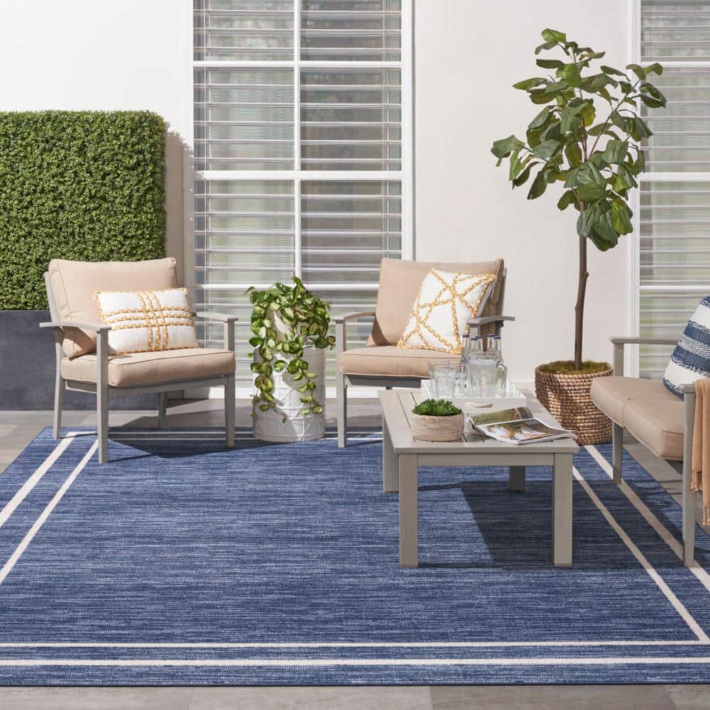 Navy and Ivory 10' x 14' Synthetic Rectangular Rug