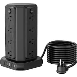 15 ft. Cord Flat Plug 16-Outlets Surge Protector Power Strip Tower with 4 USB-A Ports, 1080 Joules in Black