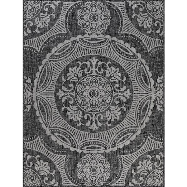 Dark Grey 9 ft. x 12 ft. Waikiki Medallion Modern Indoor Outdoor Area Rug
