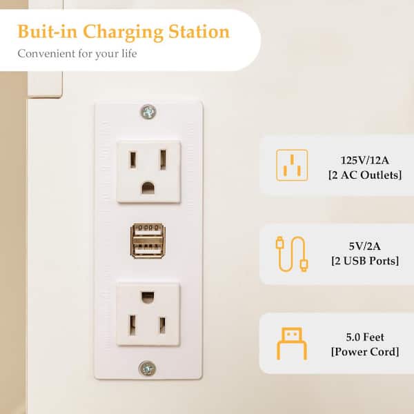 Vanity Set with Stool, 2-Piece White Makeup Vanity Set with Drawer, LED Lighted Mirror and Power Outlet, Storage Stool