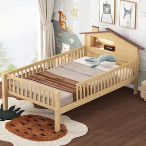 Natural Brown Wood Frame Twin Size Platform Bed with House-Shaped Headboard and LED Light