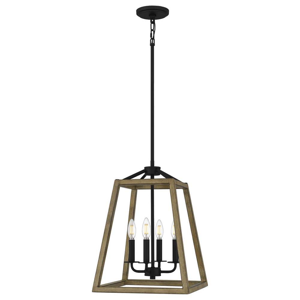 Roadhouse 4-Light Matte Black Gray Ash Wood Pendant with Metal Frame Shade