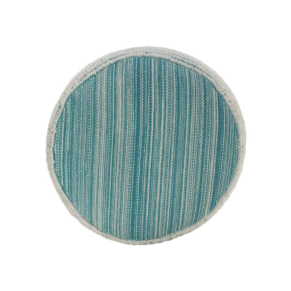 Aqua and White Textured Polyester Round Pouf Ottoman