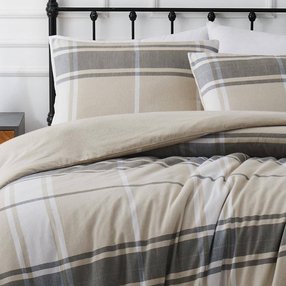 Preston Plaid Khaki and Gray Cotton Flannel Full/Queen Bedspread Set